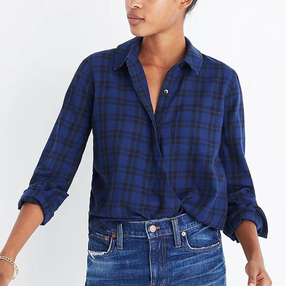 Madewell Size M Wrap-Front Shirt Arion Plaid Collared Blue Black - Picture 2 of 11